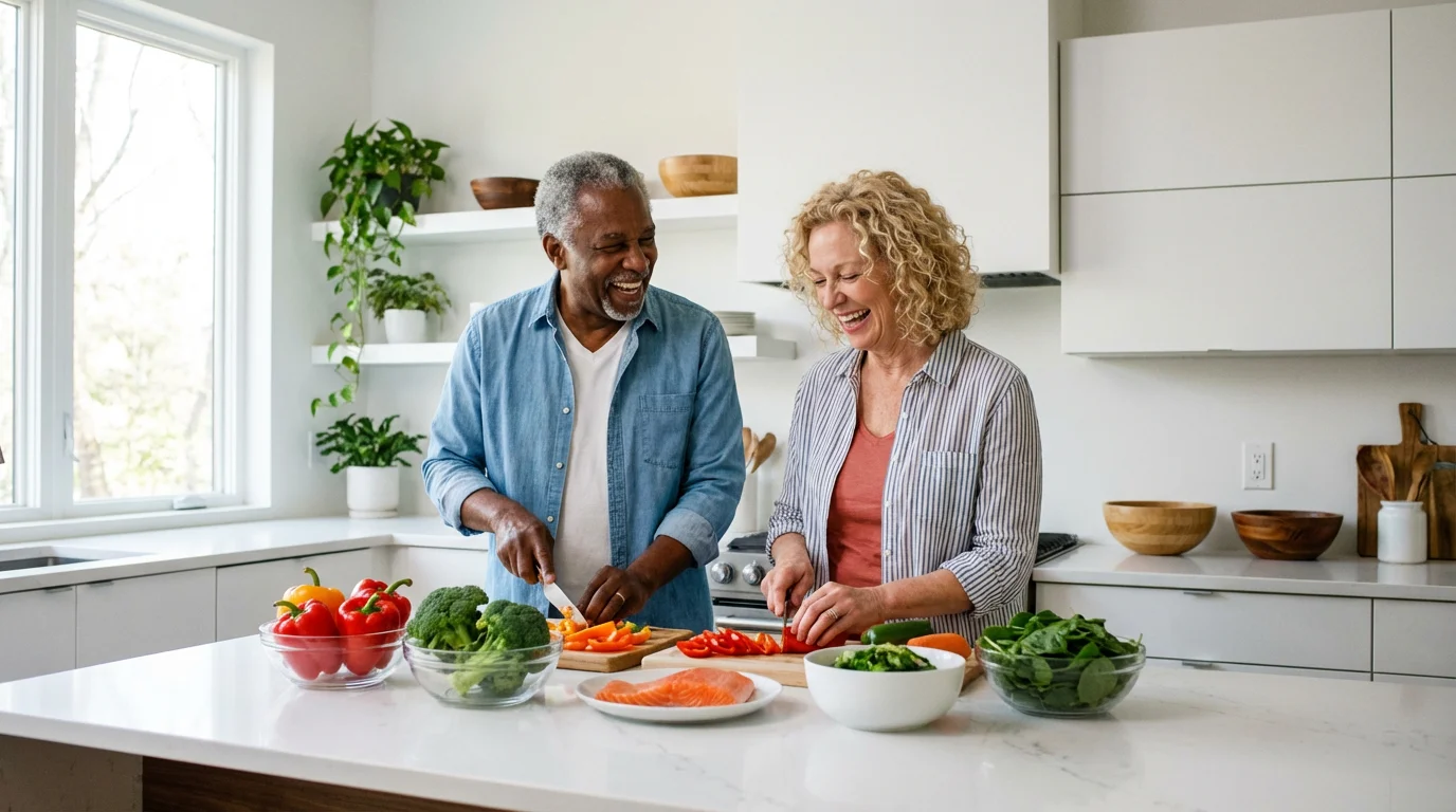 A senior couple joyfully prepares a healthy meal with fresh vegetables in a sunlit kitchen.