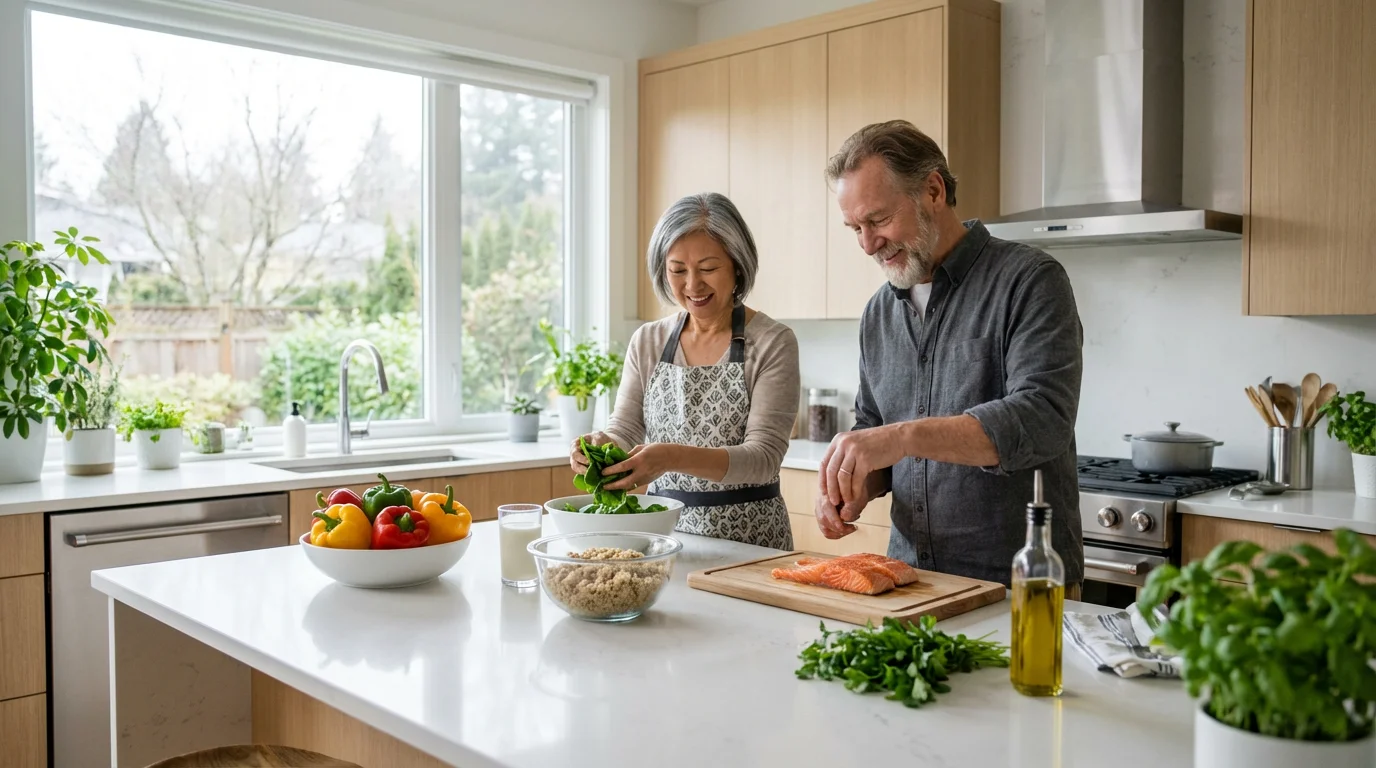 A senior couple preparing a healthy, nutrient-dense meal in a bright, modern kitchen.