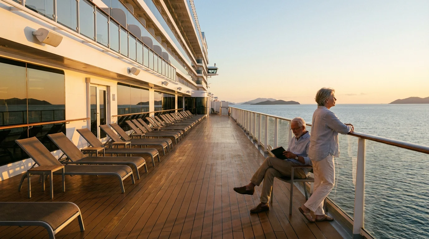 A senior couple relaxes on a quiet cruise ship deck during a golden afternoon.