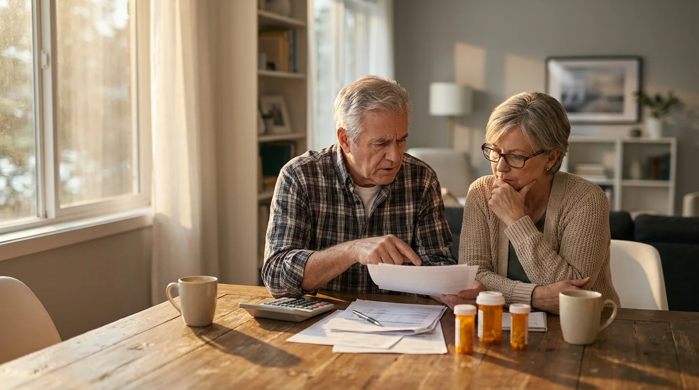 A senior couple reviews financial papers and prescription bottles at a table in the afternoon.