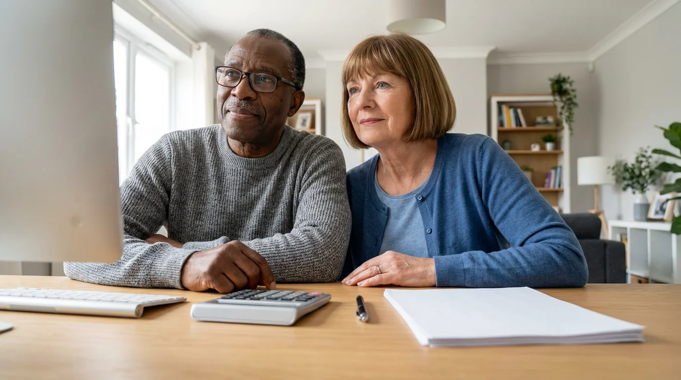 A senior couple sits at a modern desk, thoughtfully planning their finances together.