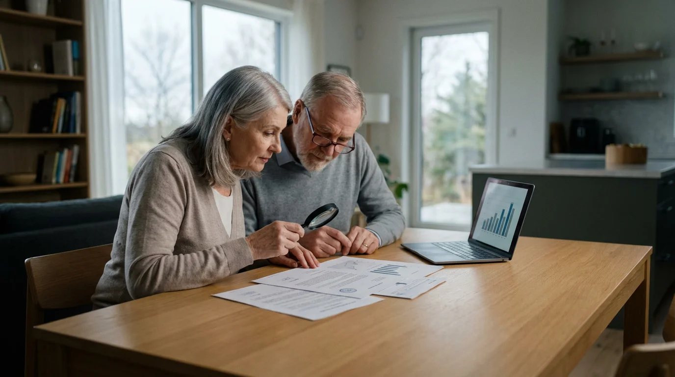 A senior couple sits at a table carefully reviewing property assessment documents with a magnifying glass.