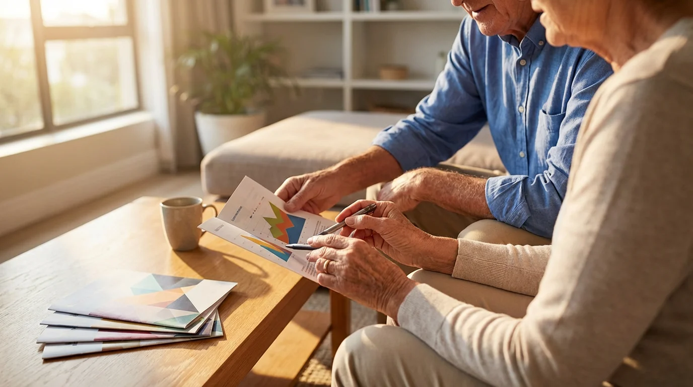 A senior couple sits on a sofa in the warm evening light, reviewing healthcare plan pamphlets together.