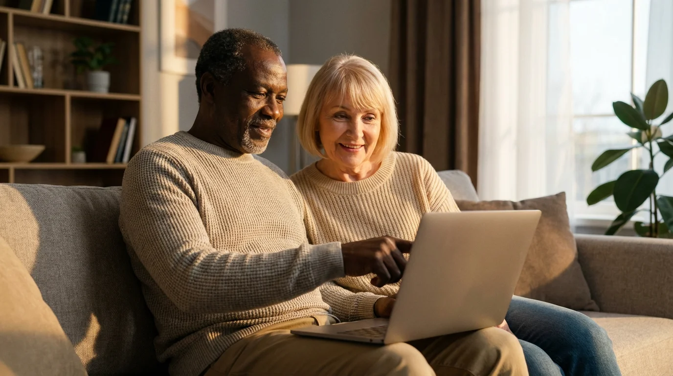 A senior couple sits together on a sofa, learning on a laptop during golden hour.
