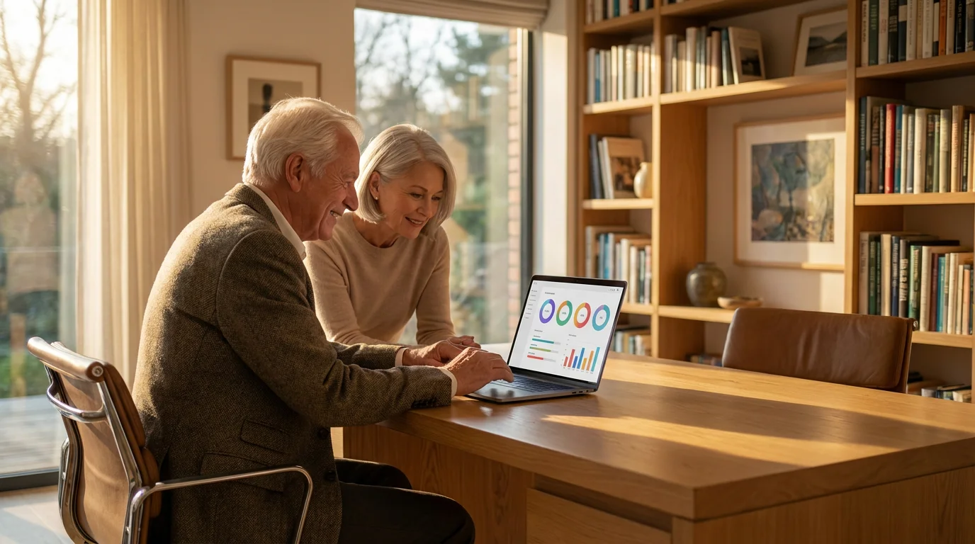 A senior couple smiles while reviewing a financial dashboard on a laptop at sunset.