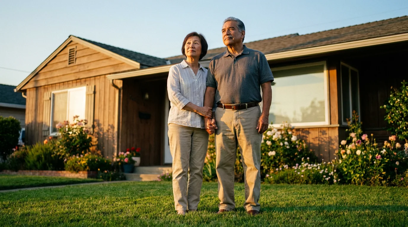 A senior couple stands on their lawn, looking at their home during a warm sunset.