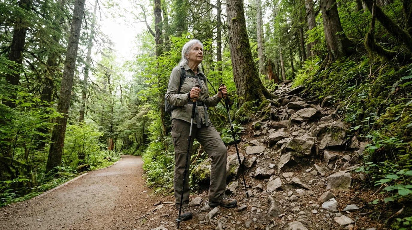 A senior hiker stands at a fork in a forest trail, choosing a path.