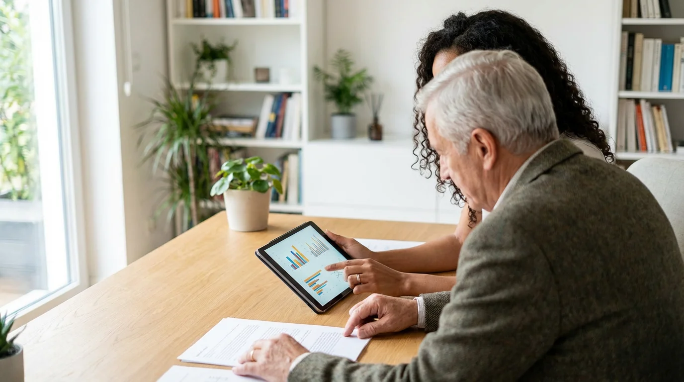 A senior man and an advisor review healthcare options on a tablet at a desk.