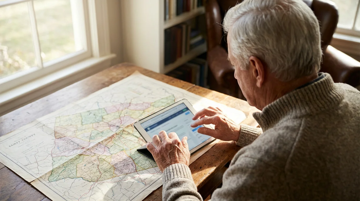A senior man at a desk using a tablet and a physical map.