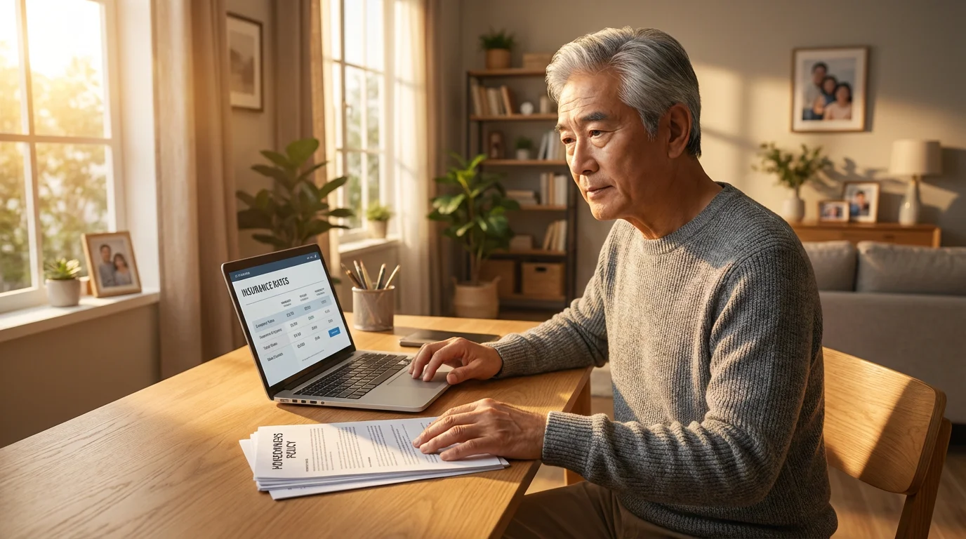 A senior man at his desk comparing homeowners insurance policies on his laptop.