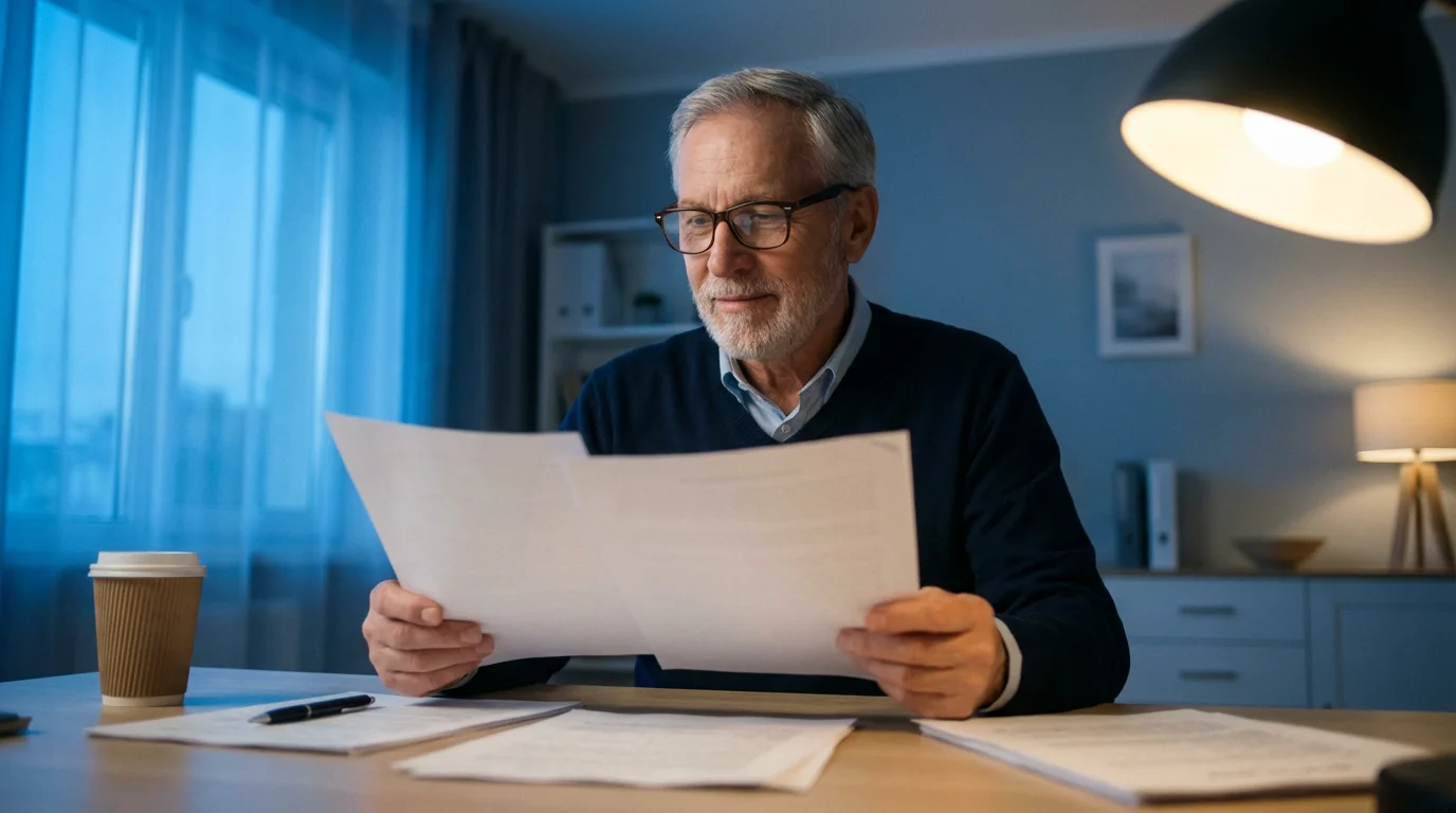 A senior man at his desk in the evening, reviewing important advance directive documents.