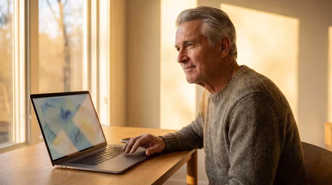 A senior man at his desk pausing thoughtfully while using his laptop during sunset.