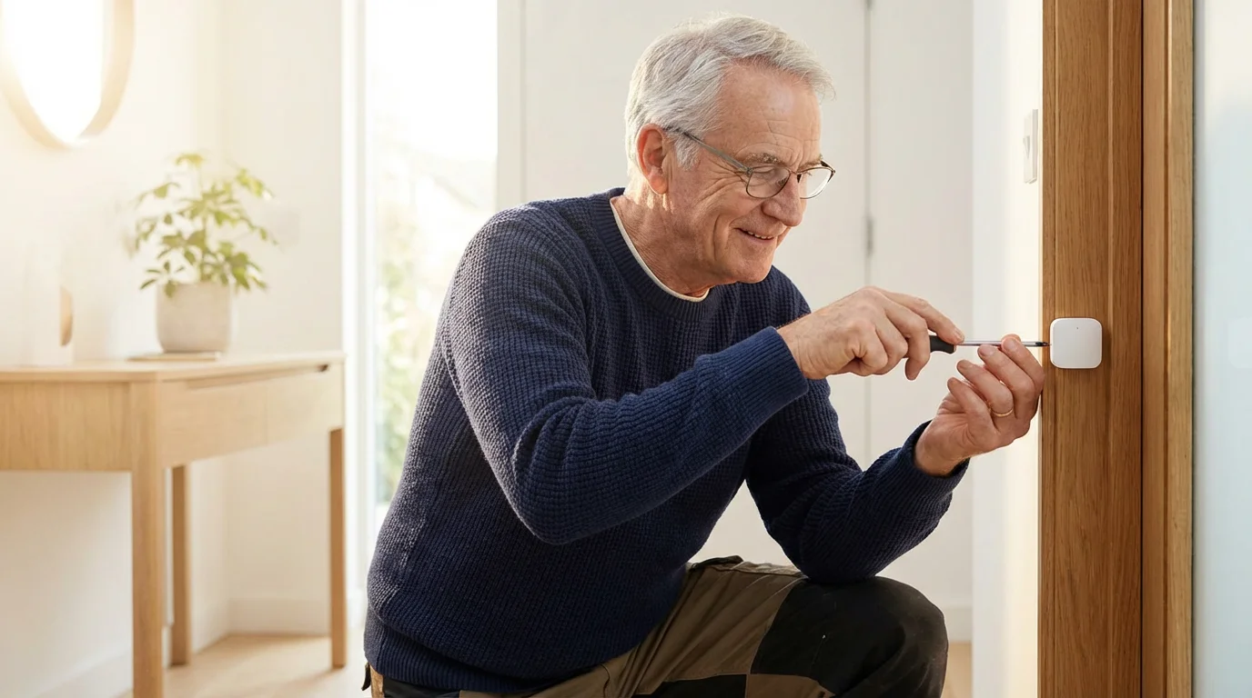 A senior man carefully installs a modern home security sensor inside his house.