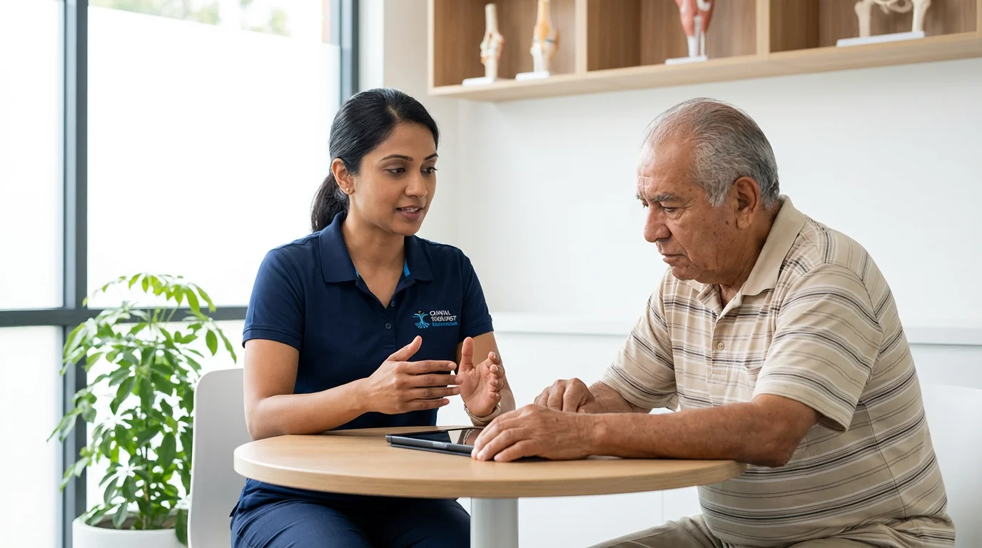 A senior man consulting with a female physical therapist about safe exercise guidelines.