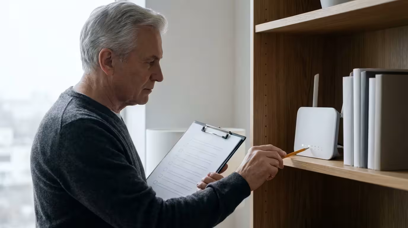 A senior man consults a checklist while inspecting his home Wi-Fi router.