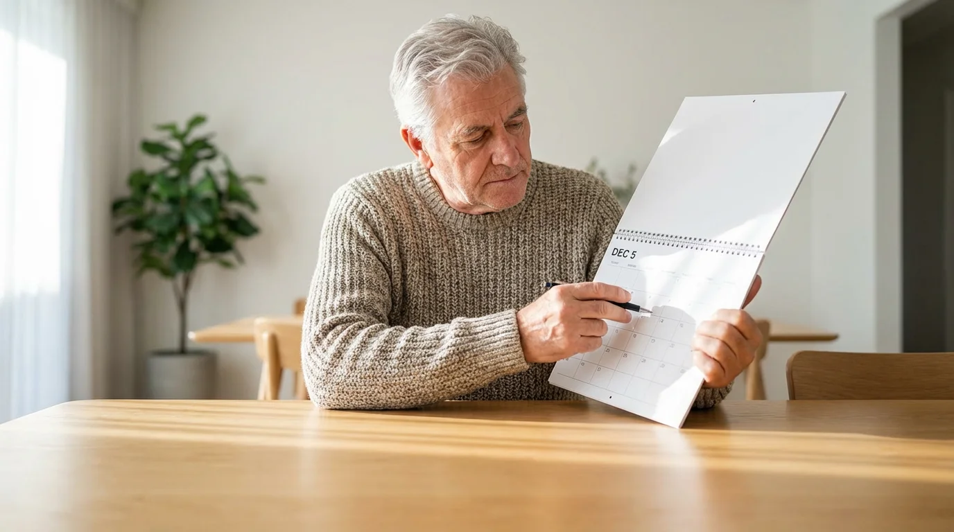 A senior man from a low angle, holding a calendar and pointing to a date.