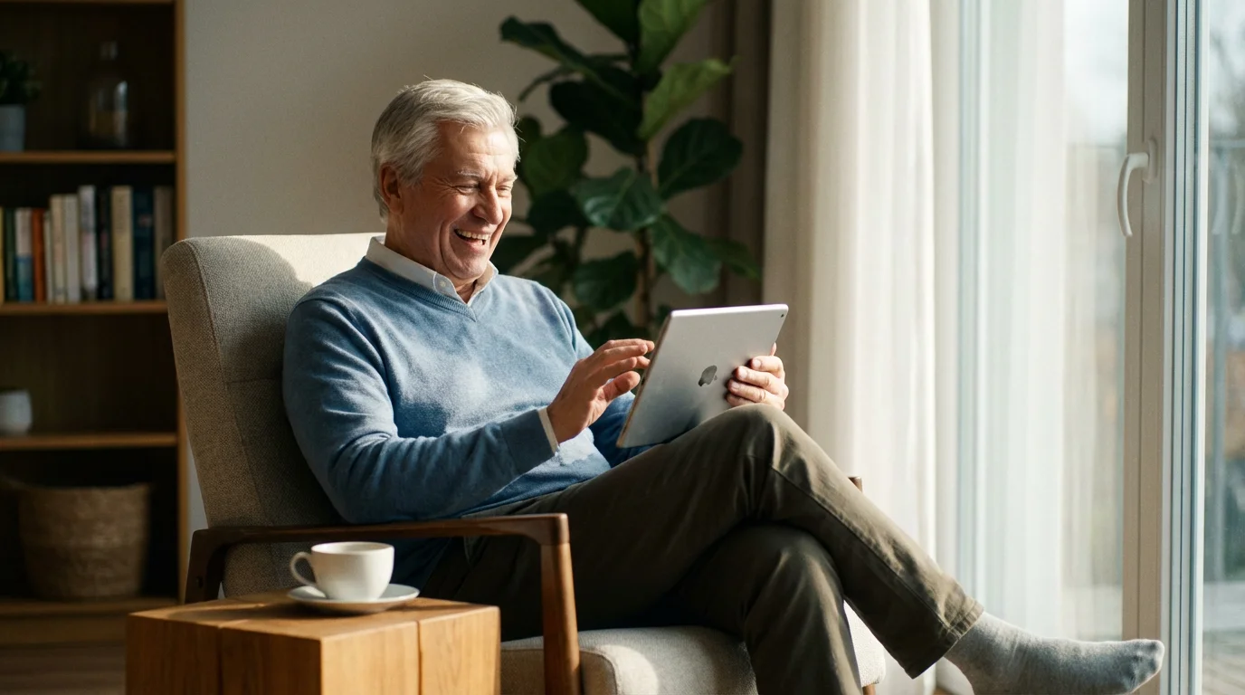 A senior man happily using a tablet computer in his sunlit living room.