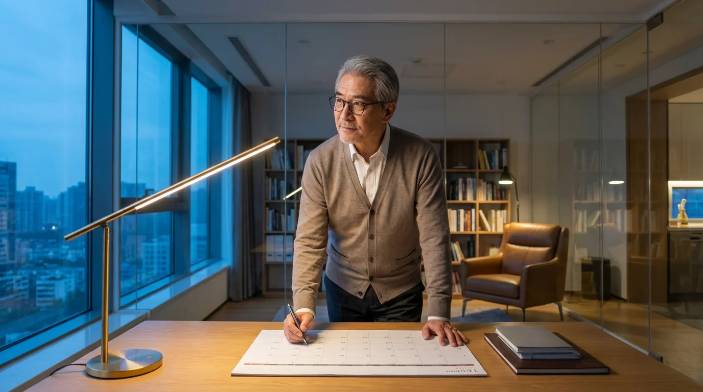 A senior man in his home office at dusk, looking at a desk calendar.