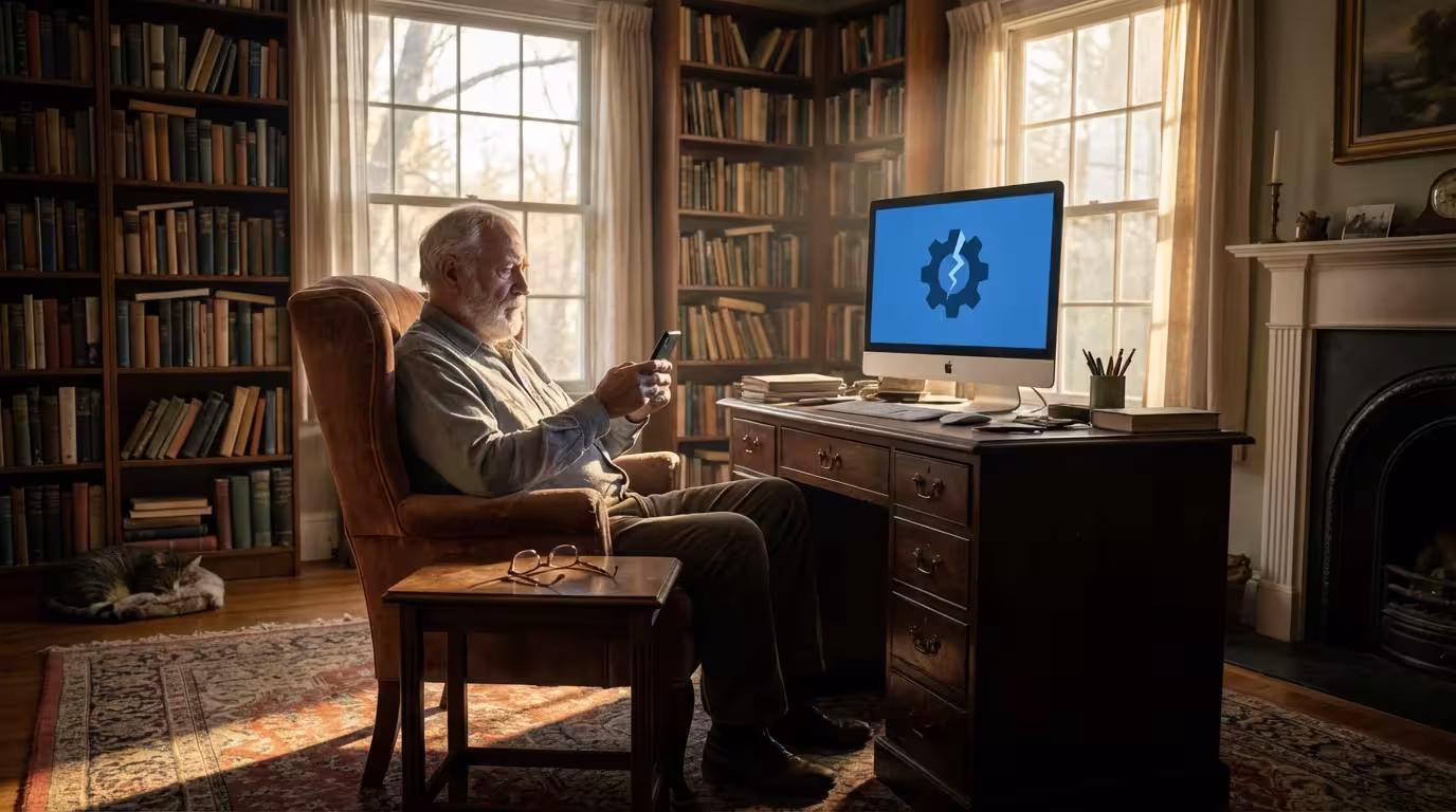 A senior man in his living room holding a phone, looking at a broken computer.