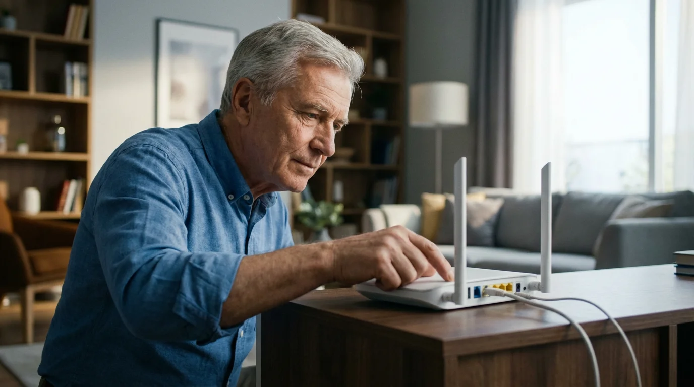 A senior man inspects the cables on his Wi-Fi router in a modern living room.