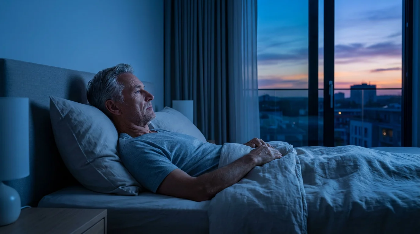 A senior man lies awake in his bed at dusk, looking out a window.