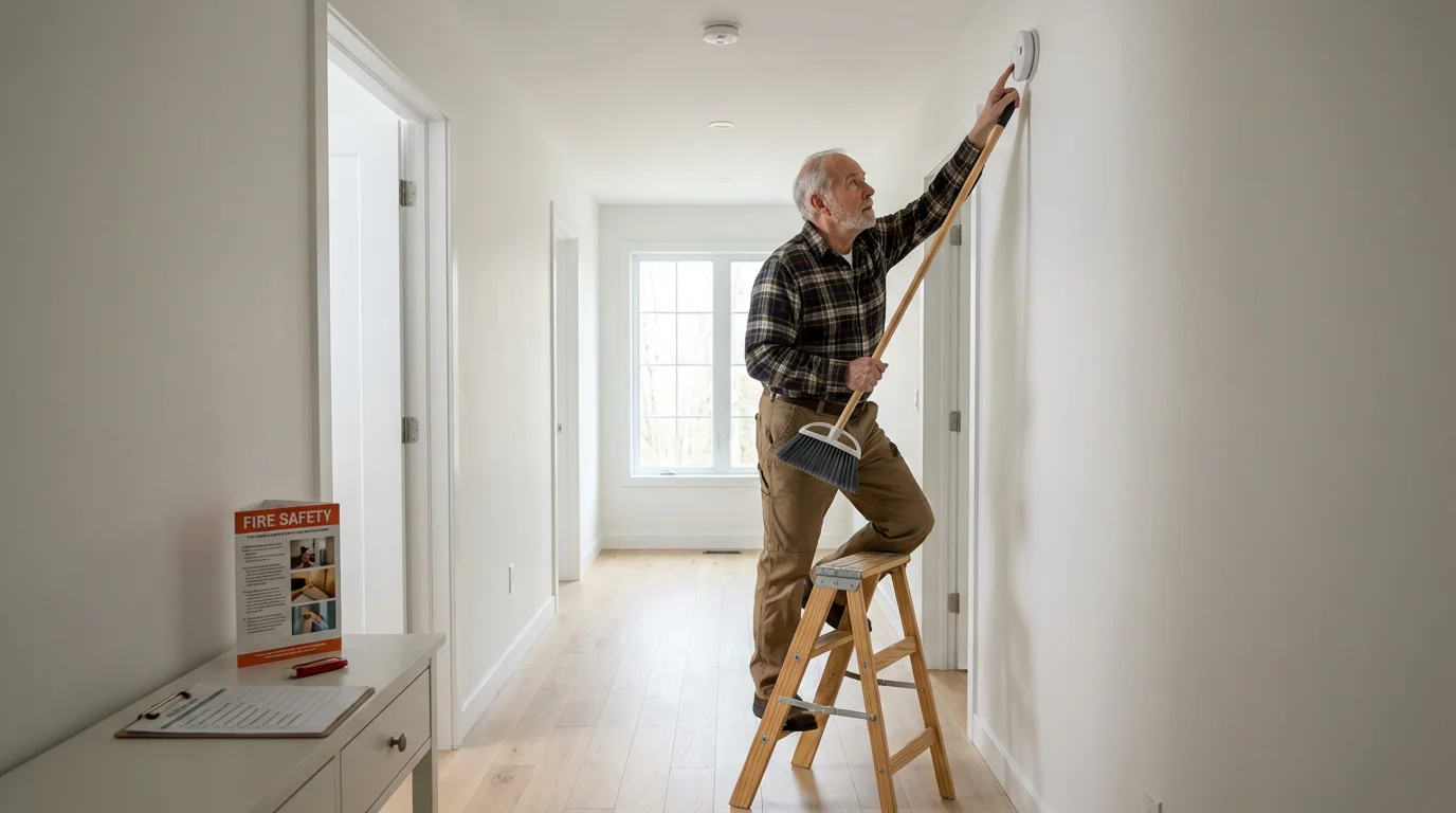 A senior man on a step stool carefully testing a smoke detector in a brightly-lit hallway.