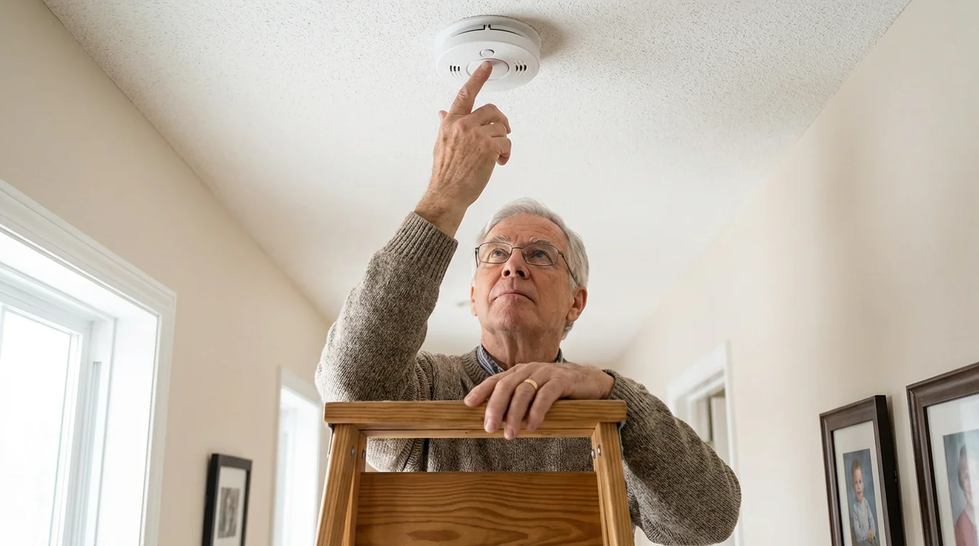 A senior man on a step stool testing a ceiling smoke detector at home.