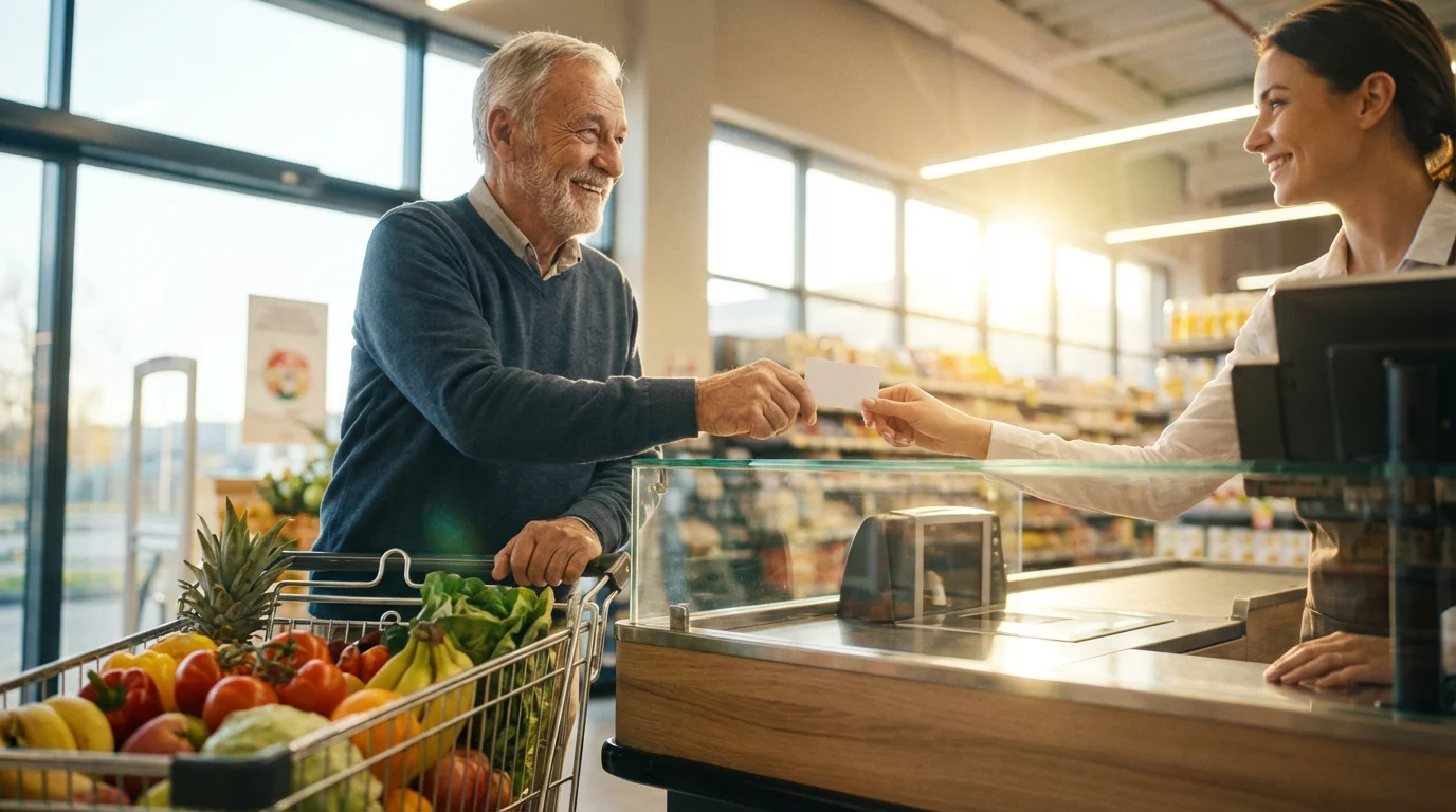 A senior man presents his ID to a cashier at a grocery store checkout.