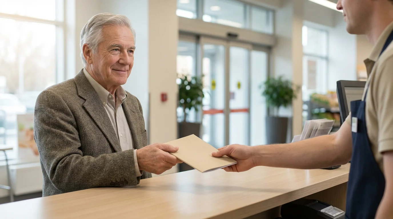 A senior man receives an informational booklet at a grocery store customer service desk.
