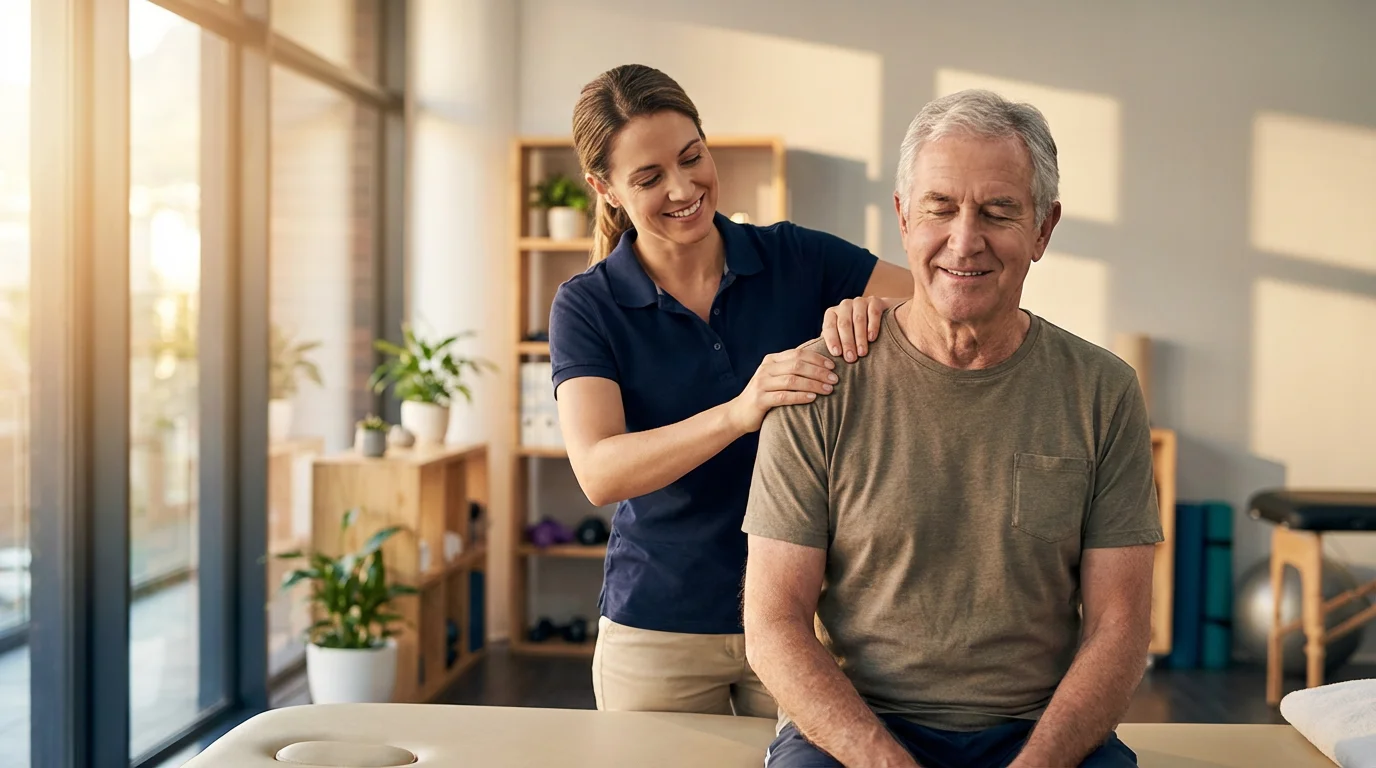 A senior man receiving targeted physical therapy massage on his shoulder in a clinic.
