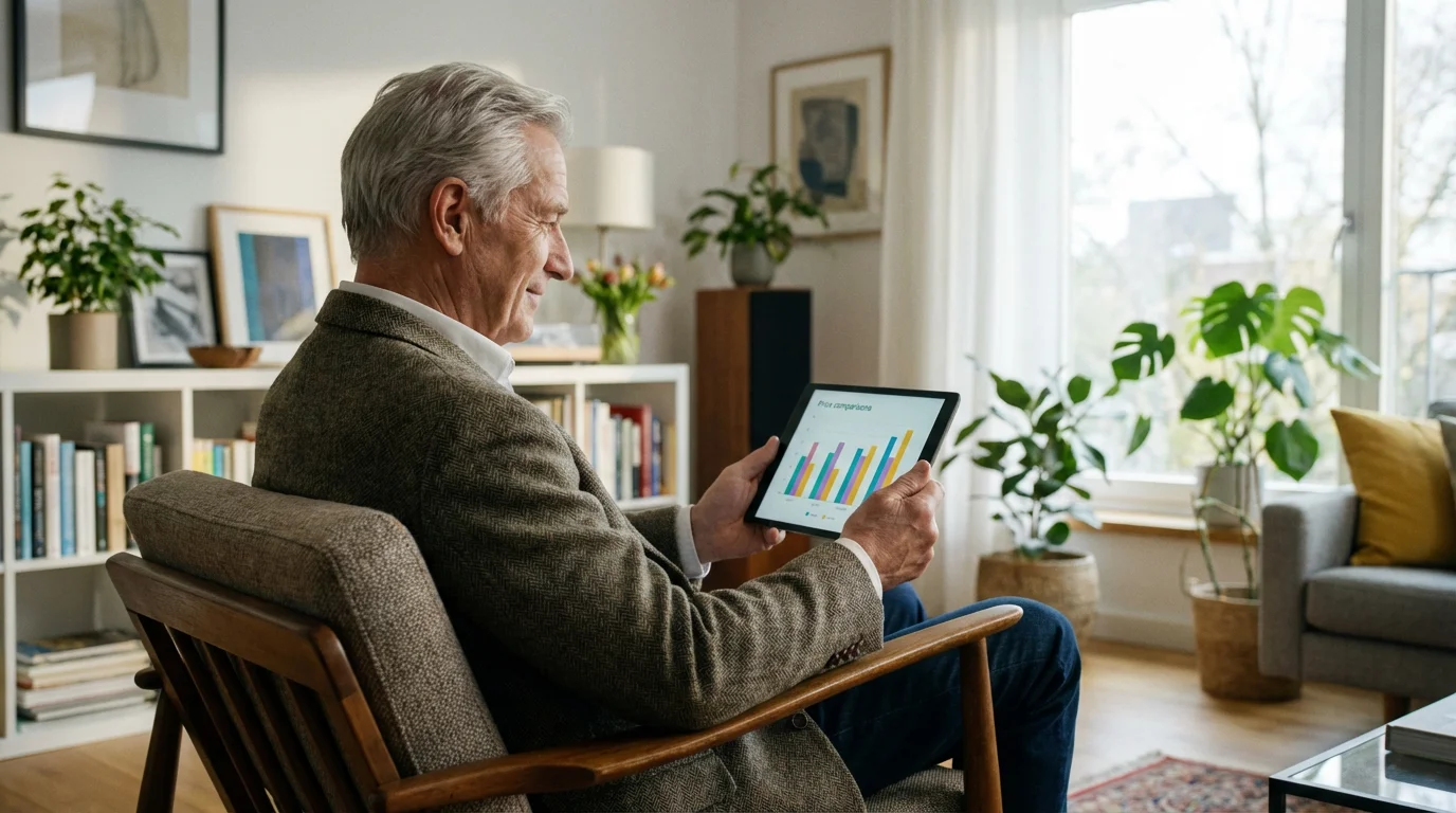 A senior man sits in a sunlit room, using a tablet to compare prices.