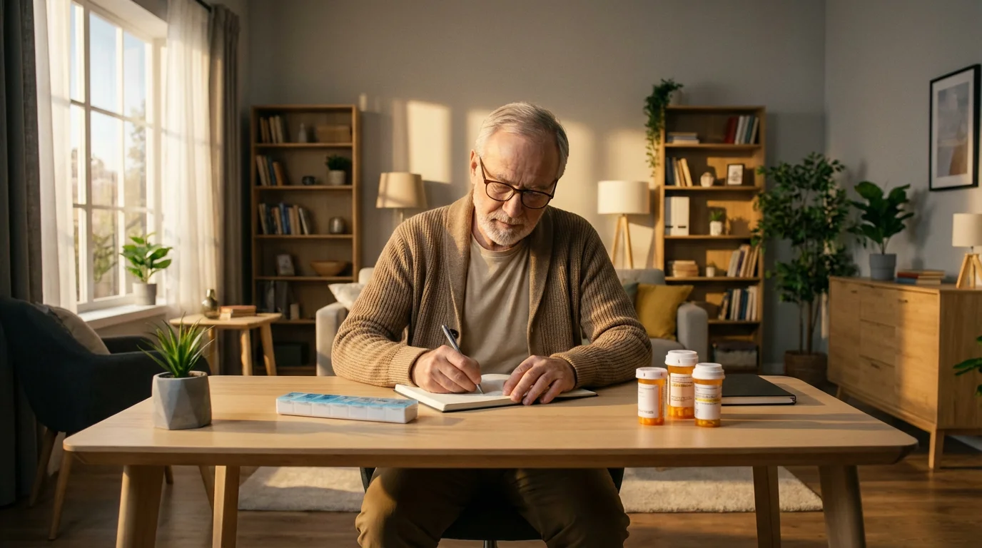 A senior man sitting at a desk organizing his medications into a record book.