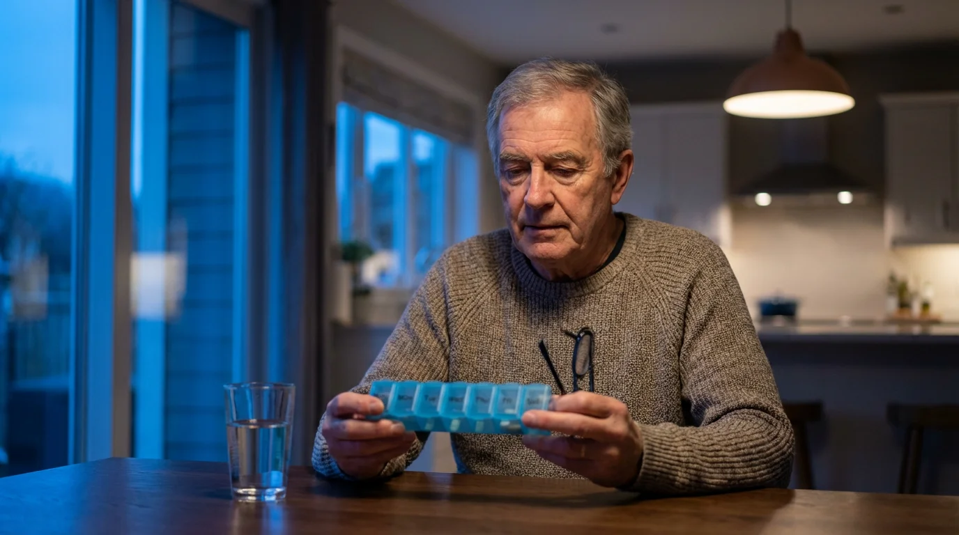 A senior man sitting at a kitchen table in the evening with his glasses.