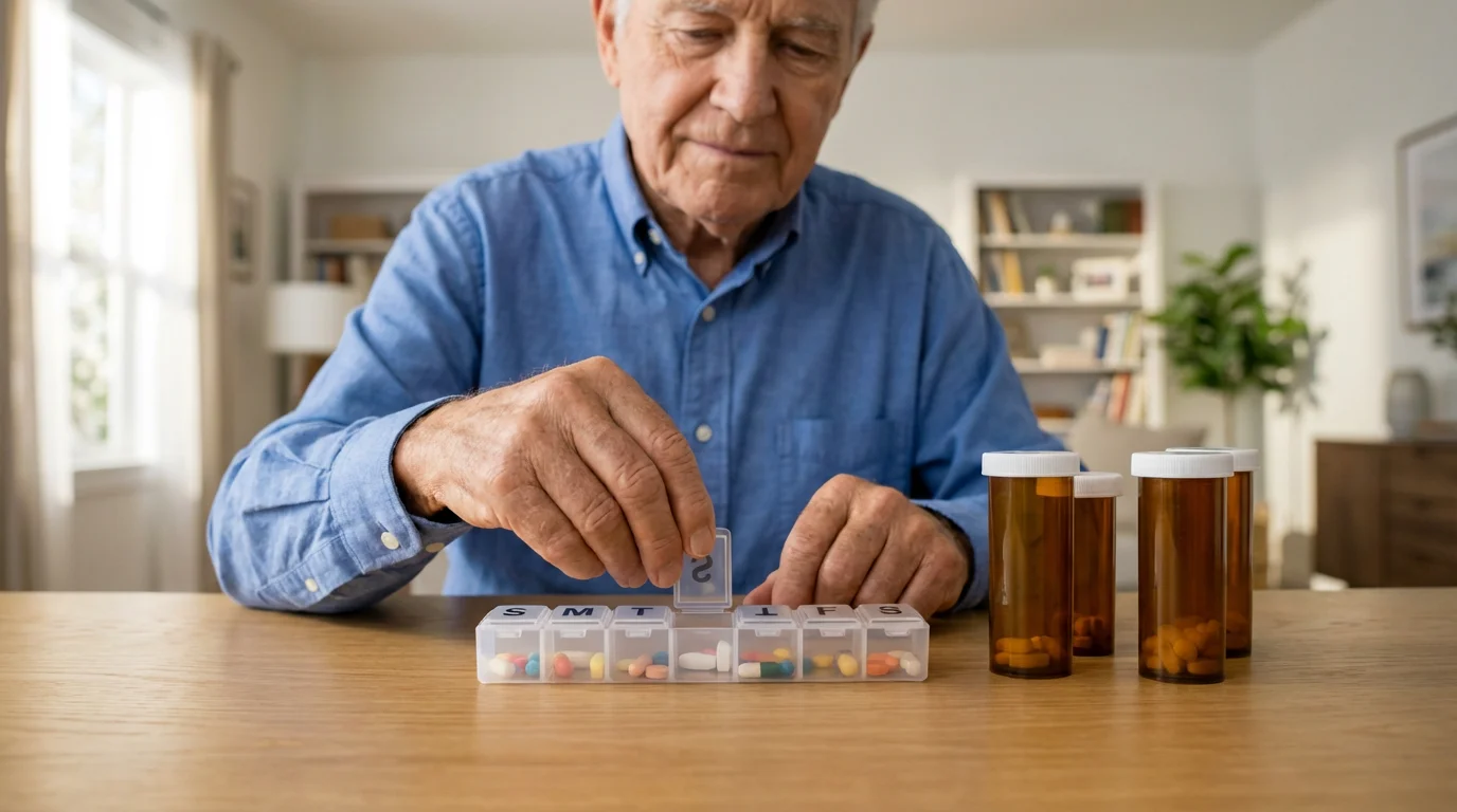A senior man sitting at a sunlit table organizing his weekly medications.