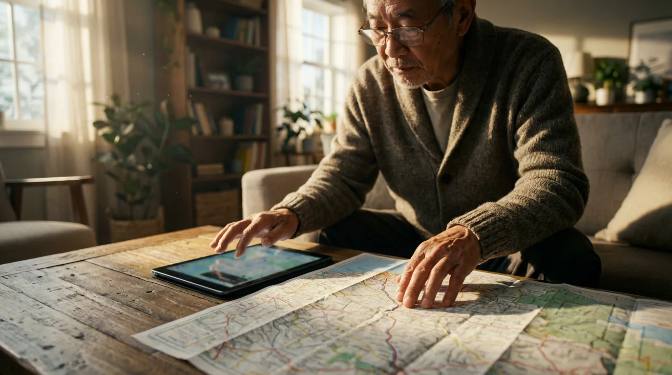 A senior man sitting in a living room, planning a trip with a map and tablet.