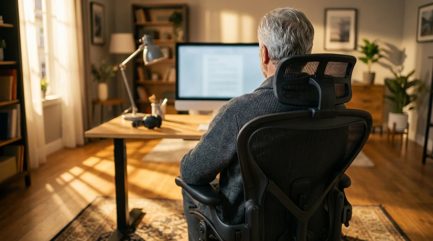 A senior man sitting in a supportive ergonomic chair in a home office.
