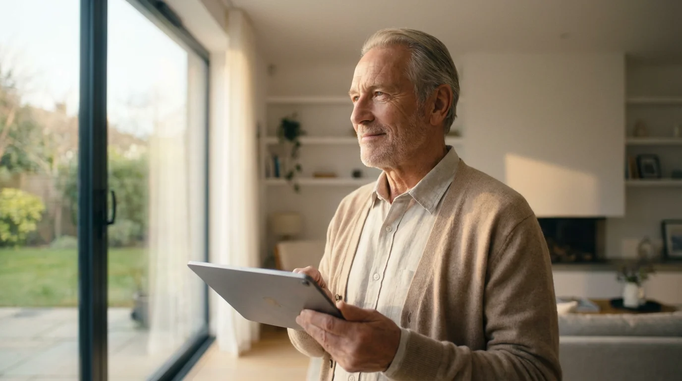A senior man stands confidently by a window in his secure, sunlit home.