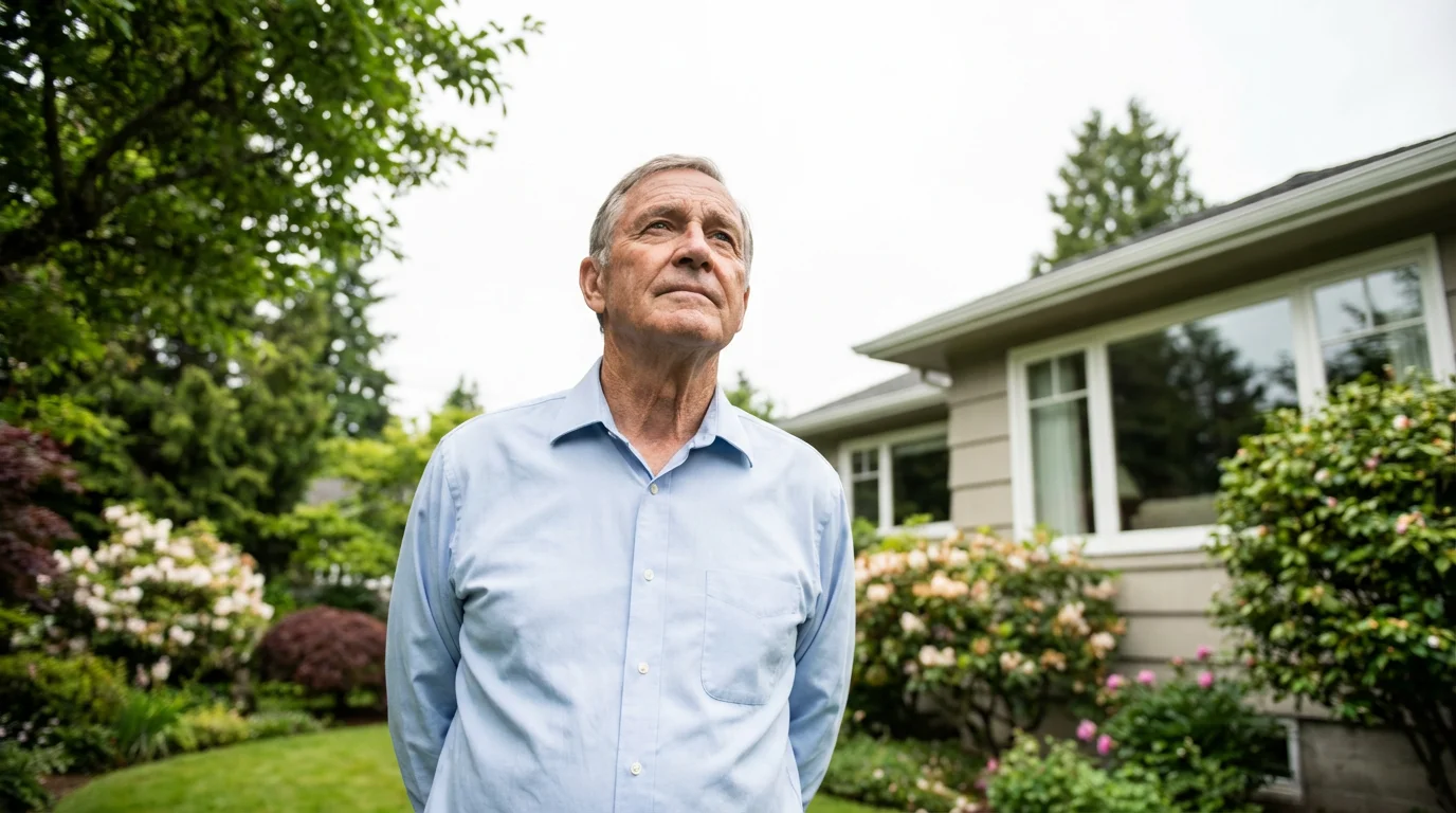 A senior man thoughtfully looks at his home from the backyard, considering his finances.