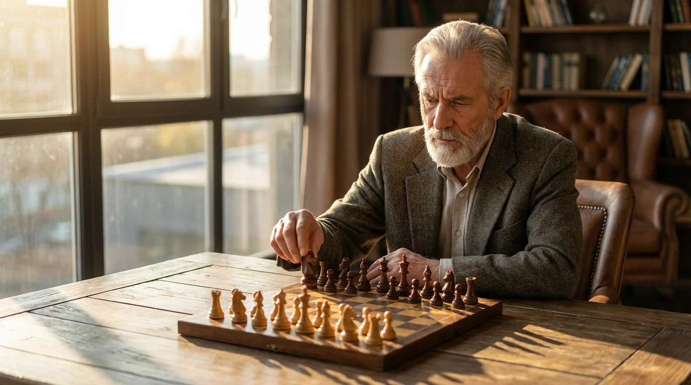 A senior man thoughtfully playing chess in a sunlit room, focusing on cognitive health.