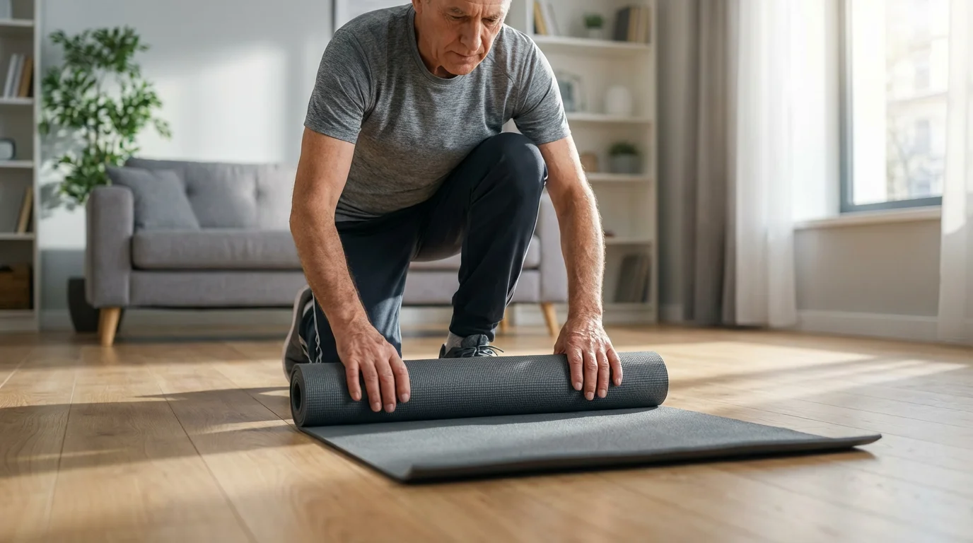 A senior man unrolling a yoga mat on a sunlit wooden floor to prepare for exercise.
