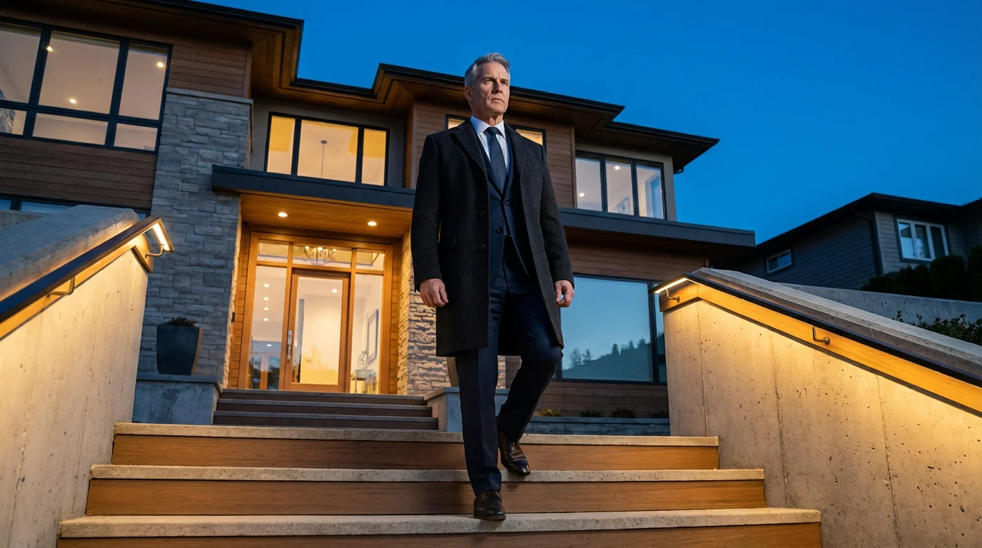 A senior man walks up the illuminated steps to his modern home at dusk.