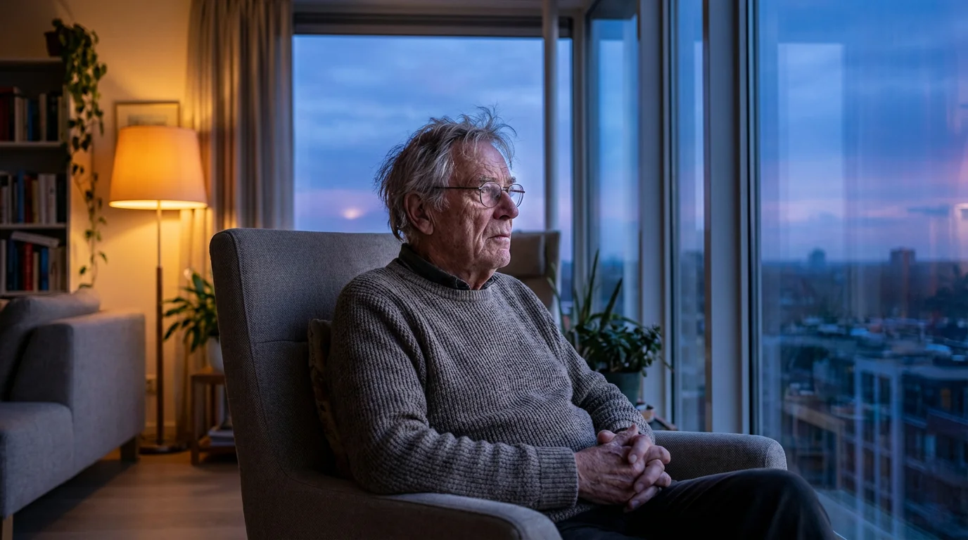 A senior man with glasses sits in a chair, looking out a window at twilight.