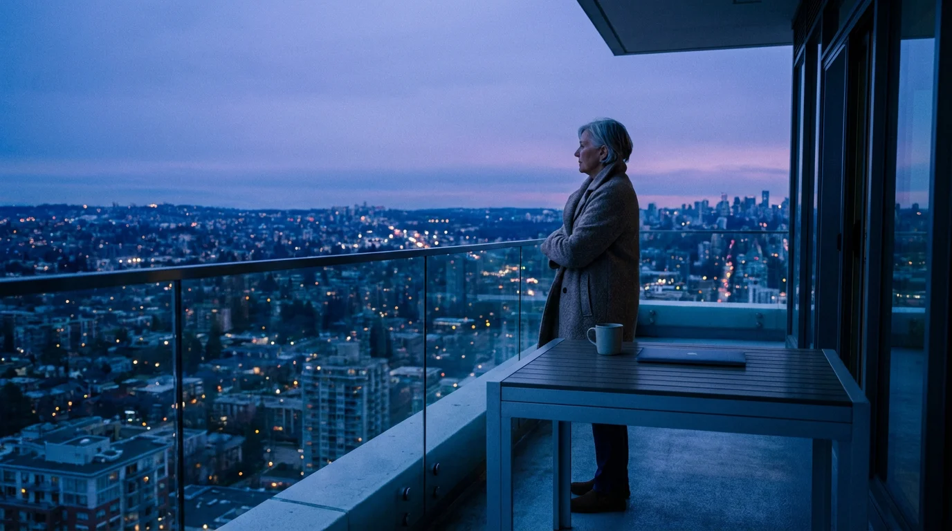 A senior person on a city balcony at dusk, contemplating future retirement healthcare costs.