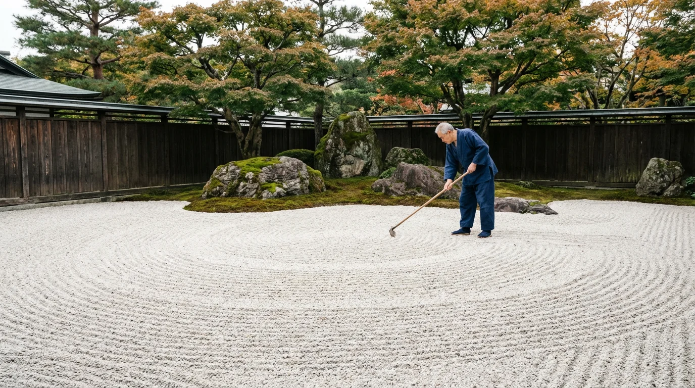 A senior person raking patterns in a large, orderly Japanese rock garden.