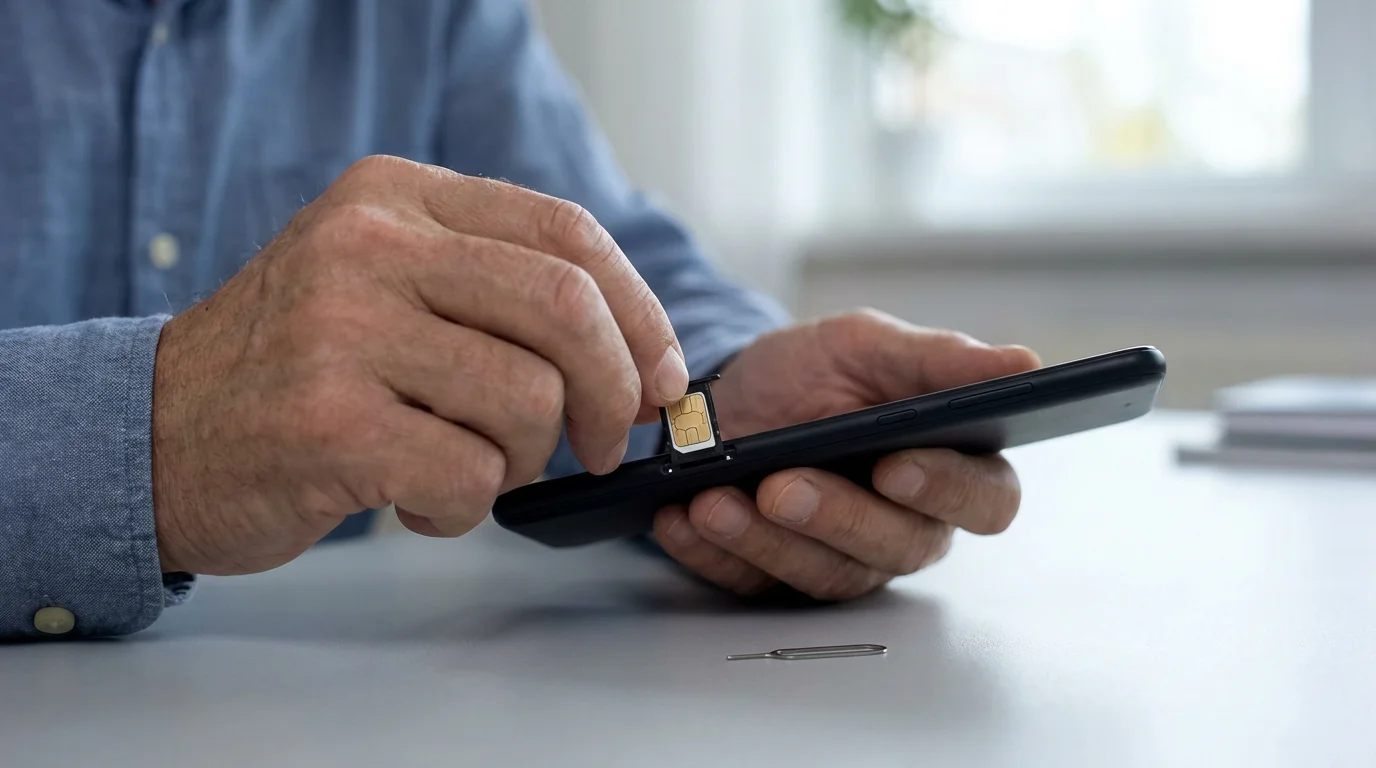 A senior person's hands carefully inserting a new SIM card into a modern smartphone.