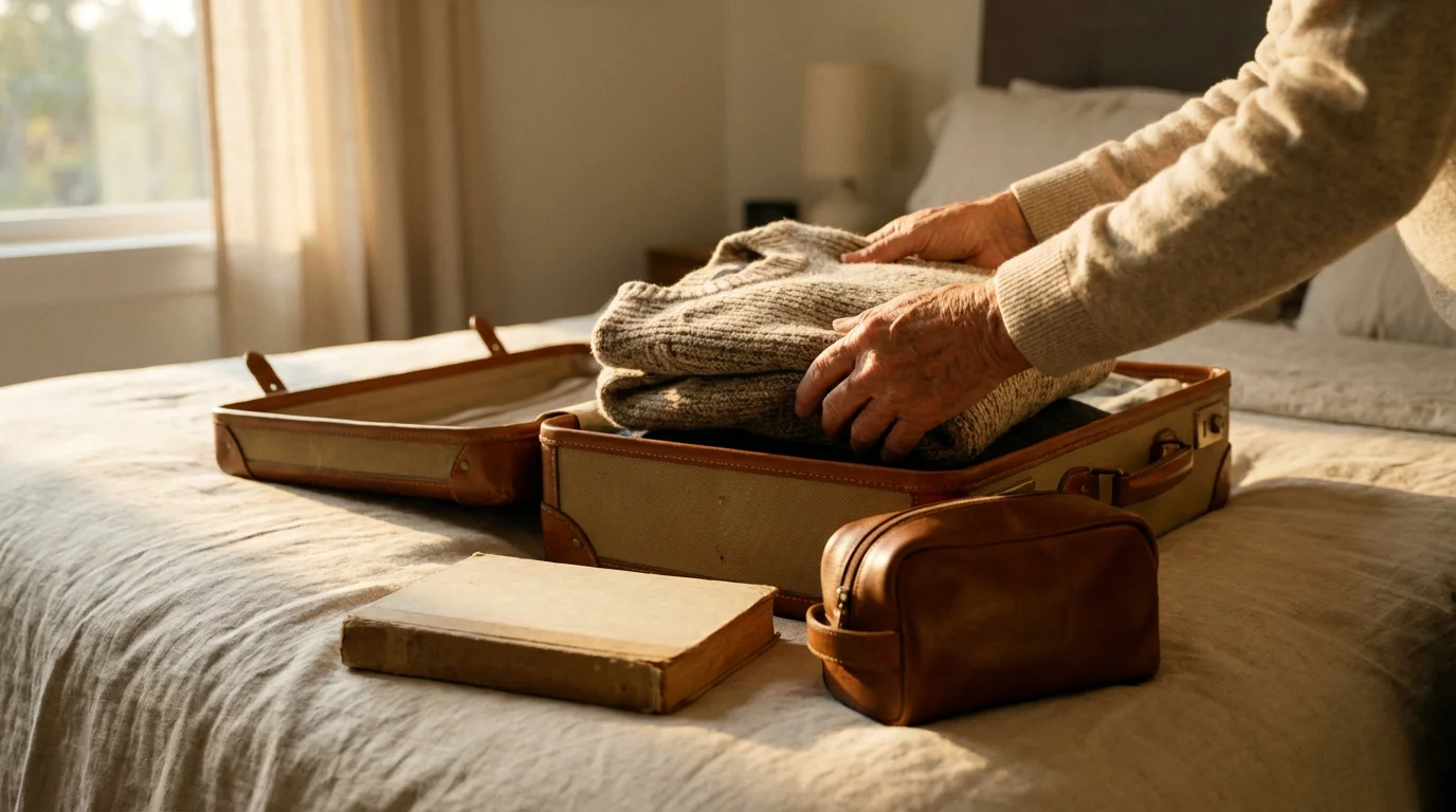 A senior person's hands neatly packing a carry-on suitcase for a train trip.