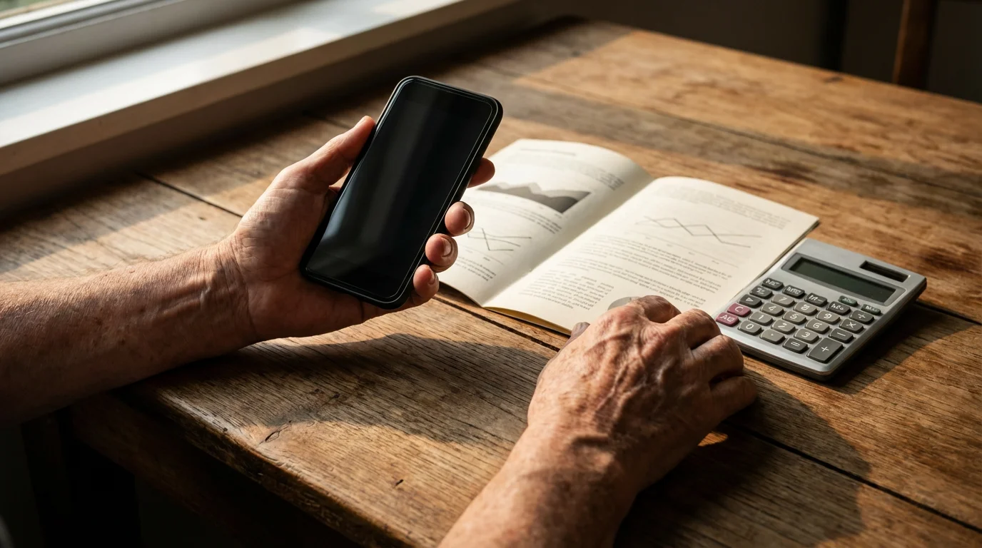 A senior person's hands on a table with a smartphone, calculator, and paper brochure.