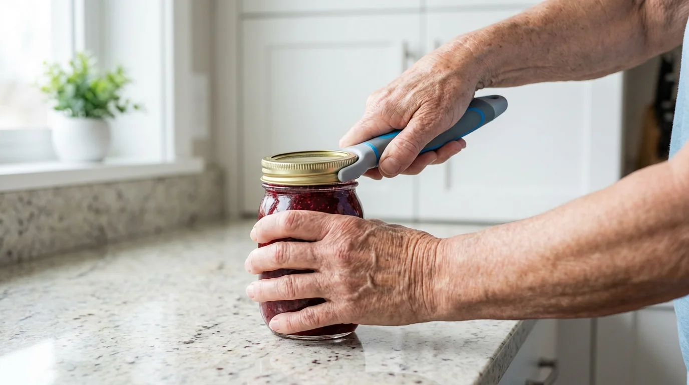 A senior person's hands using an ergonomic jar opener assistive device in a kitchen.