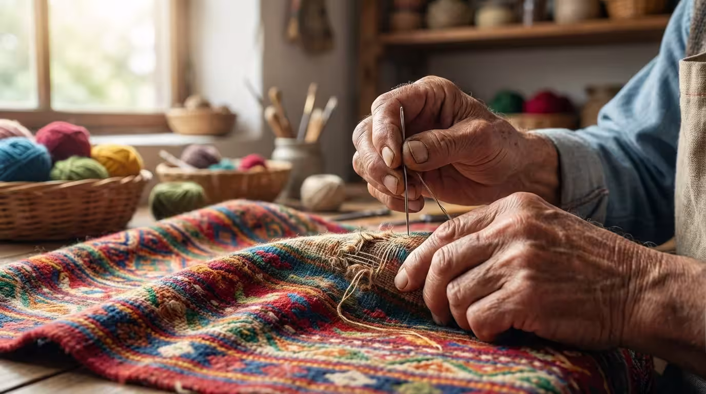 A senior volunteer's hands carefully mending a colorful woven textile with a needle.