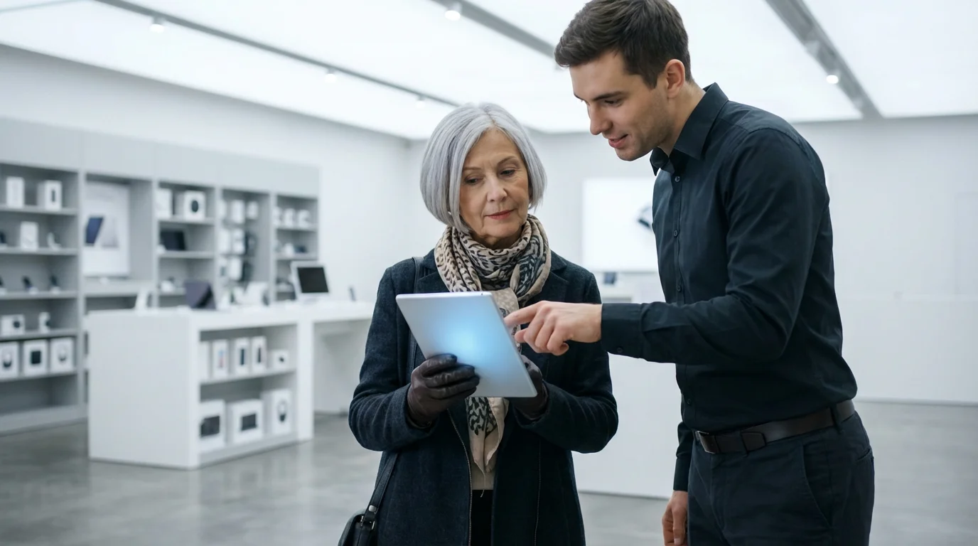A senior woman and a sales associate looking at a tablet in a store.
